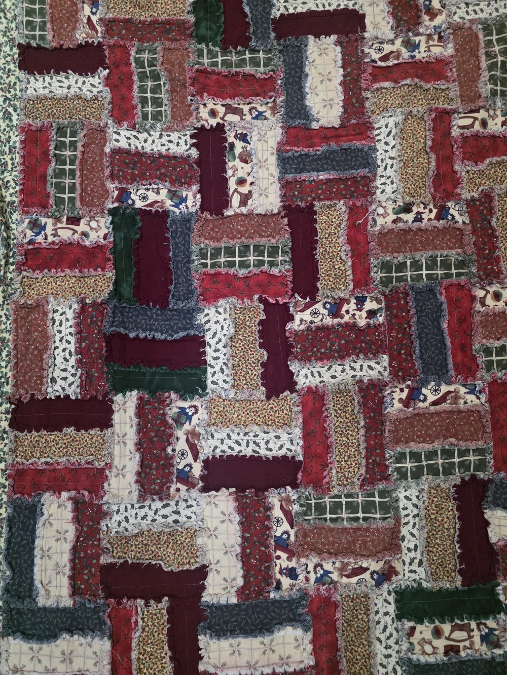 Handmade Patchwork Quilt in Red, Green, Blue & Cream